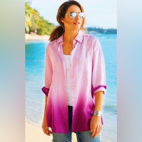 Soft Surroundings Pink Ombré Long Sleeve Linen Button Down Top Size Medium - Picture 1 of 8